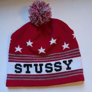 Stussy Red and White Beanie with Pom Pom In EUC